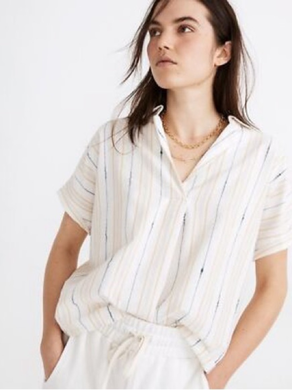 Madewell Short-Sleeve Button Down Shirt - White with Blue & Tan Stripes